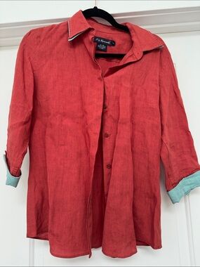 Faconnable Coral-Red Linen Shirt with Contrasting Cuffs